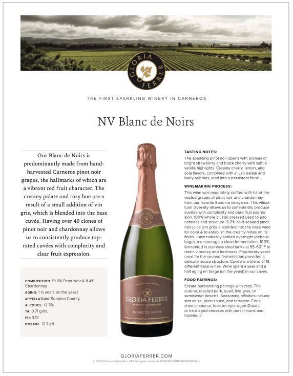 Gloria Ferrer Blanc de Noirs Tech Sheet Trade Tool
